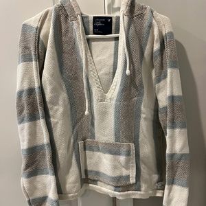 American Eagle Outfitters Cream, Light Blue & Taupe Striped Knit Hoodie